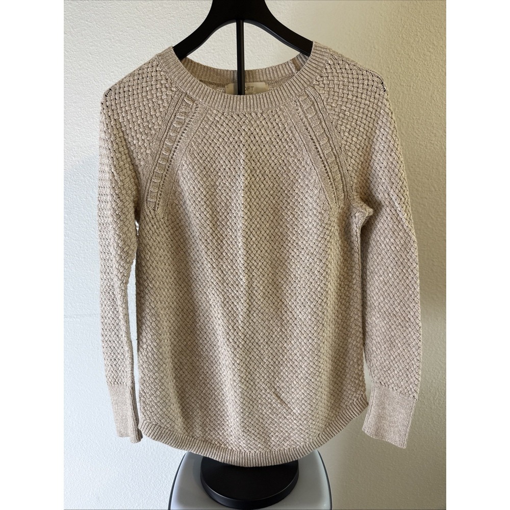 LOFT Women's Crewneck Round Hem Cable Knit Sweater Beige Size M